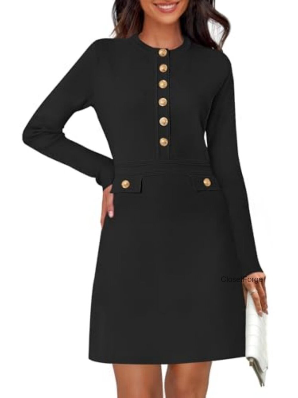 Women's Long Sleeve Knit Bodycon Mini Dress with Faux Pockets